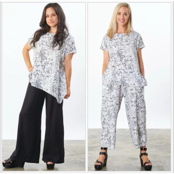 Bryn Walker Ivy Shirt Asymmetrical Hem Linen Top Black White Print Made in USA M - Picture 11 of 11